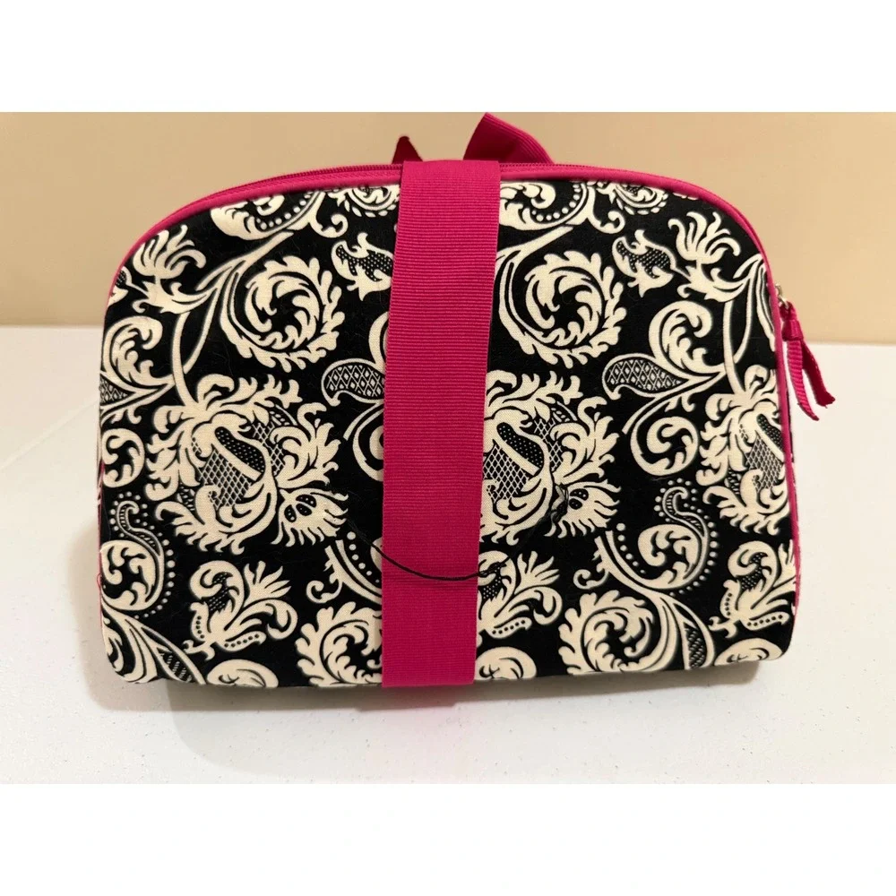 3 Piece Cosmetic Bag Set Hot Pink Black White Damask Travel Makeup Pouches NEW